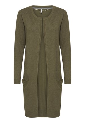 Olīvu zaļš kardigans, izgatavots no mīksta dzijas auduma, ar atvērtu priekšpusi, garām piedurknēm un divām priekšējām kabatām. Taisna apakšdaļa un riboti aproces.