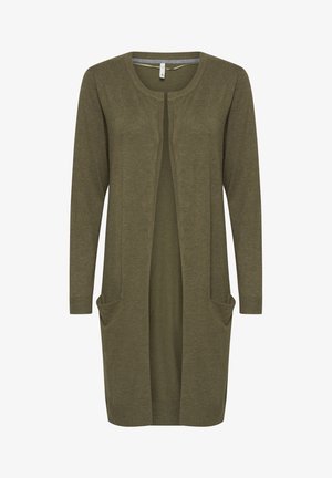 Maslinasto zeleni kardigan od mekanog pletenog materijala, s otvorenim prednjim dijelom, dugim rukavima i dva prednja džepa. Ravna donja ivica i rebrasti manžeti.