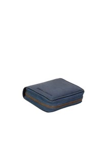 Portafoglio blu compatto con superficie testurizzata e cerniera visibile, appoggiato su uno sfondo semplice. Design semplice ed elegante.