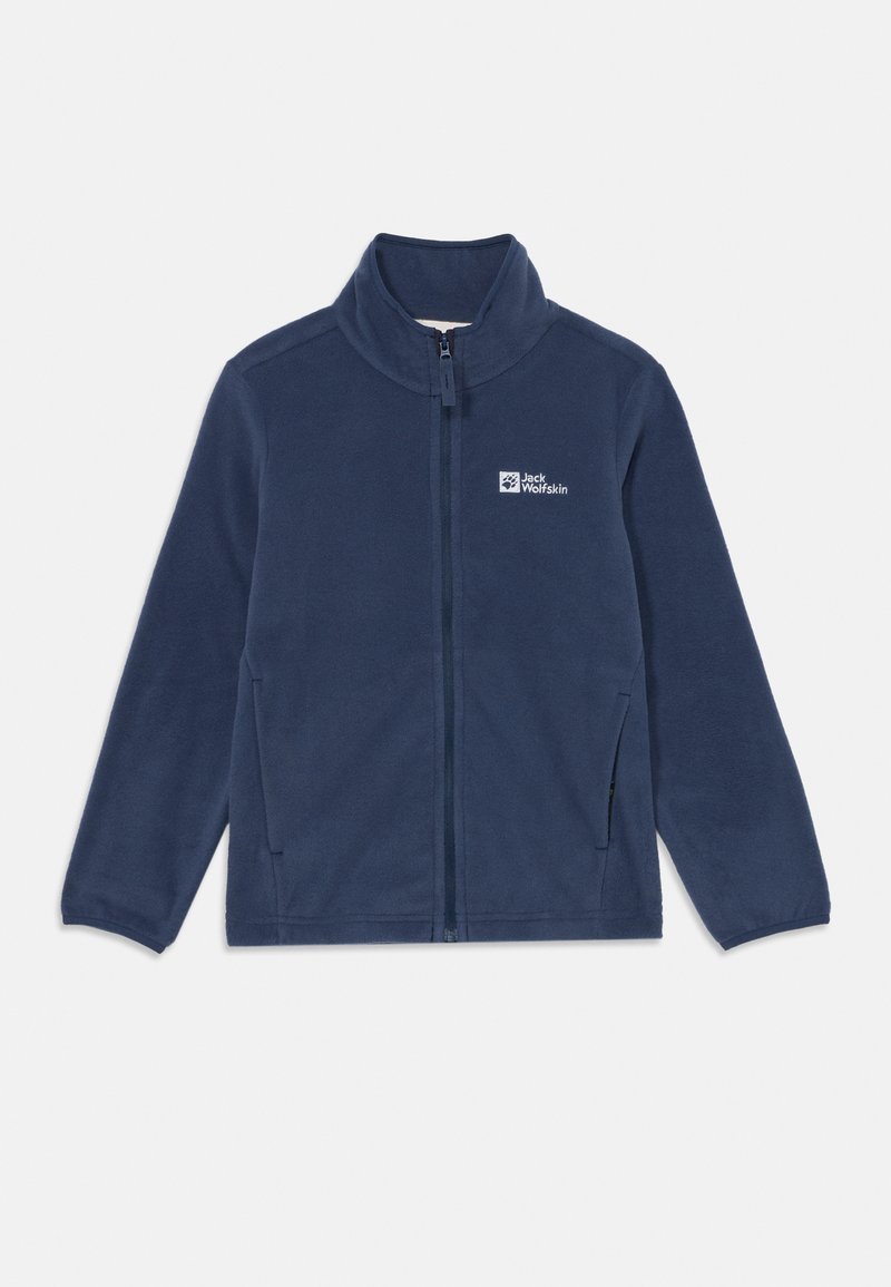 Tumesin fleece-jakk, millel on püstitatav krae, esine tõmblukk, küljetaskud ja valge logo vasakul rinnaalal. Pehme tekstuur.