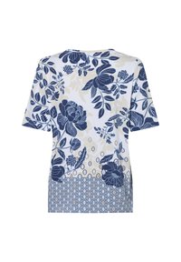 Kurzarmoberteil mit floralem Design in Marineblau und Beige sowie einem gemusterten unteren Abschnitt. Hergestellt aus leichtem Material.