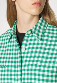 Green and white checkered shirt with a button-down collar and two buttons visible. Made of fabric with a textured weave pattern.