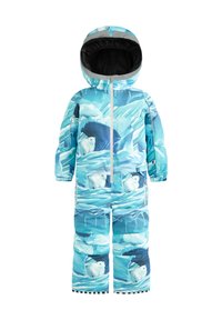 Mono de nieve de un brillante color azul con estampado de oso polar; diseño acolchado, cierre con cremallera, capucha y puños elásticos. La tela texturizada imita un entorno helado.
