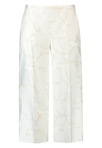 Białe spodnie o szerokich nogawkach wykonane z teksturowanej tkaniny, ozdobione subtelnym beżowym abstrakcyjnym wzorem i dopasowanym paskiem w talii.