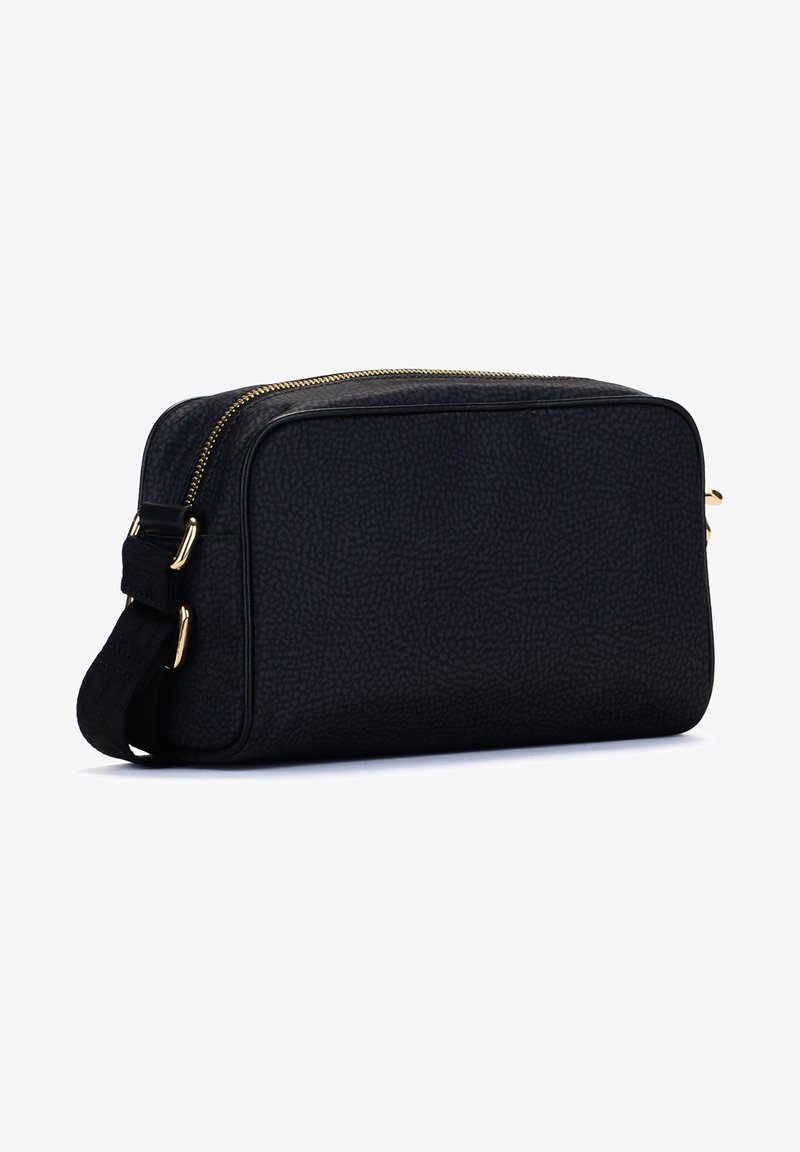 Black leather pouch bag with textured finish, gold zipper and hardware, rectangular shape, and adjustable strap on one side.