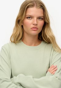 Lichtgroene sweatshirt van zacht materiaal, met een ronde hals en lange mouwen. Subtiele logodetail op de borst en een comfortabele pasvorm.