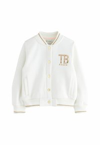 Weißer Bomberjacke aus weichem Stoff mit gerippten Bündchen und Saum, ausgestattet mit goldener Hardware, besticktem "TB BAKER"-Logo und seitlichen Taschen.