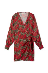 Vestido envelope vermelho com mangas compridas, apresentando uma estampa de leopardo e design de folhas, tecido macio e detalhe de laço na cintura.