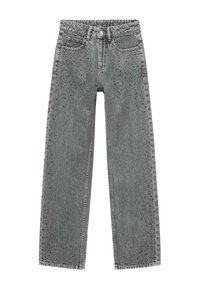 Grijze spijkerbroek met een hoge taille, wijde pijpen en een geperforeerd patroon aan de voorkant. Voorzien van zijzakken en een knoopsluiting.
