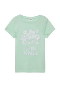 Hellgrünes Baumwoll-T-Shirt mit Rundhalsausschnitt. Verfügt über eine weiße Blumen grafik und den Text „Frühling Blumen“ in verspieltem Schriftzug.