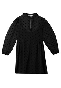 Schwarzes Kleid aus transparentem Stoff mit gerafftem Bund, langen Puffärmeln und einem bindbaren Kragen, versehen mit erhabenen schwarzen Punkten auf der gesamten Fläche.