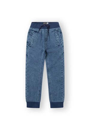 Pantalones jogger de mezclilla azul con cintura elástica, cordón, bolsillos laterales y puños elásticos.