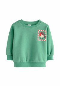 Sudadera verde con cuello redondo y mangas tipo globo. Presenta un aplique de pájaro colorido en un borde cuadrado. Textura de tela suave.