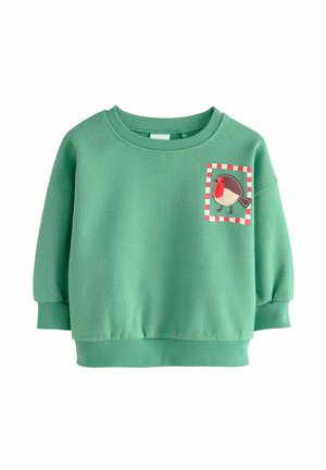 Grüner Sweatshirt mit Rundhalsausschnitt und Ballonärmeln. Verziert mit einer bunten Vogelapplikation in einem quadratischen Rahmen. Weiche Stofftextur.
