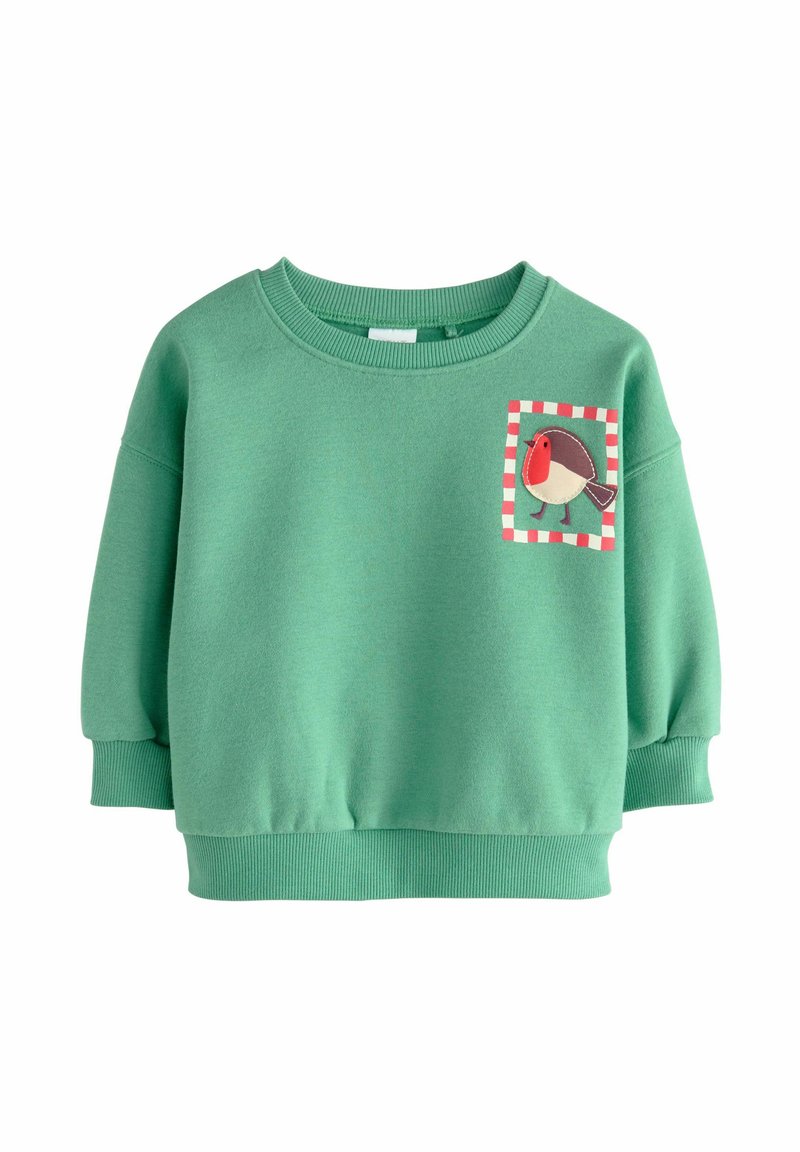 Sudadera verde con cuello redondo y mangas tipo globo. Presenta un aplique de pájaro colorido en un borde cuadrado. Textura de tela suave.
