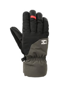 Gants noirs et gris avec un design rembourré, paume en cuir, poignet élastique et une accent rouge sur l'index. Logo affiché sur le côté.