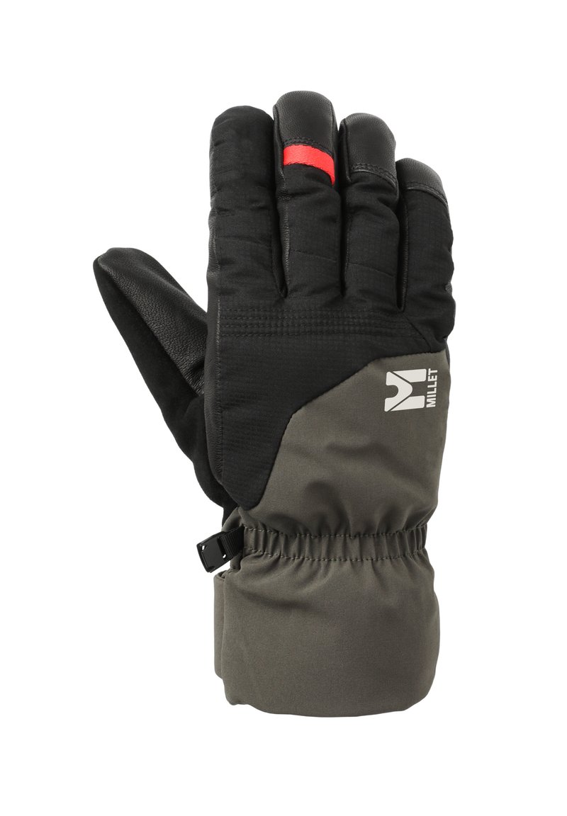 Gants noirs et gris avec un design rembourré, paume en cuir, poignet élastique et une accent rouge sur l'index. Logo affiché sur le côté.