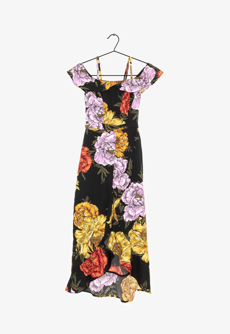 Robe noire à fleurs épaules dénudées avec des fleurs roses, jaunes et rouges, col à volants et fines bretelles sur un cintre.