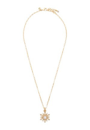 Goldene Kettenhalskette mit einem kunstvollen Schneeflockenanhänger, der mit einem zentralen klaren Edelstein und kleineren dekorativen Steinen geschmückt ist.