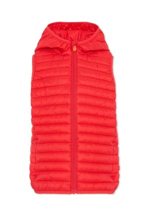 Gilet trapuntato rosso senza maniche con cerniera frontale e cappuccio, progettato per calore e comfort leggero.