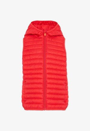 Veste matelassée sans manches rouge avec fermeture éclair devant et capuche, conçue pour la chaleur et le confort léger.