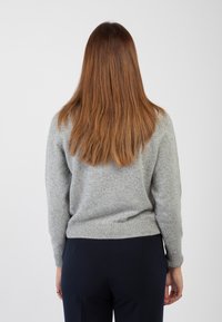Maglione grigio realizzato in tessuto morbido, con scollo rotondo, maniche lunghe e orlo aderente. Il retro è semplice con dettagli minimi.