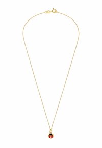 Gouden ketting met een lieveheersbeestje hanger, voorzien van rode en zwarte emaille details en decoratieve accenten op de vleugels.