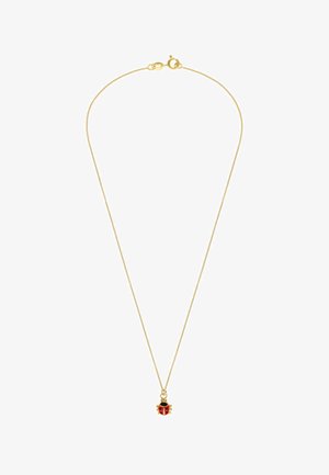 Gouden ketting met een lieveheersbeestje hanger, voorzien van rode en zwarte emaille details en decoratieve accenten op de vleugels.