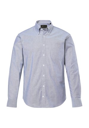 Himmelblaues Hemd mit Knöpfen aus einem weichen Stoff, das eine Tasche, einen Kragen und lange Ärmel mit geknöpften Manschetten aufweist. Einfaches, klassisches Design.