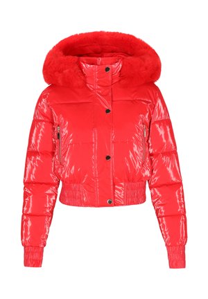 Rode pufferjas met glanzende afwerking, korte snit, afneembare capuchon met bontvoering, zijzak met rits en geribbelde boorden en zoom.