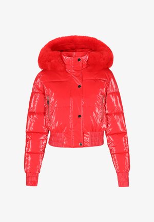 Rode pufferjas met glanzende afwerking, korte snit, afneembare capuchon met bontvoering, zijzak met rits en geribbelde boorden en zoom.