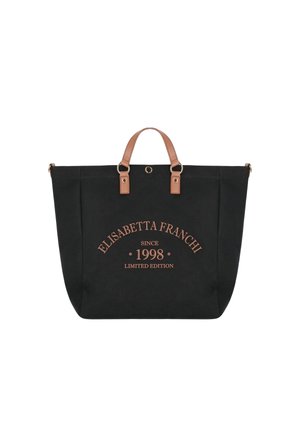 Borsa tote nera con manici color cuoio, con la scritta "Elisabetta Franchi Since 1998 Limited Edition" in cuoio al centro davanti.