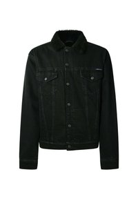Chaqueta de denim negra con cuello de felpa, cierre de botones en la parte delantera y dos bolsillos de pecho con solapa y botones.