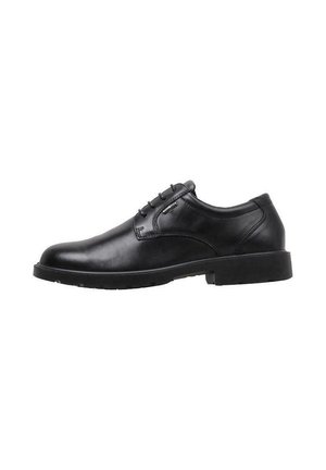 Chaussures noires en cuir à lacets avec une surface lisse, un bout arrondi et une semelle en caoutchouc basse dotée d'un léger profil pour une meilleure adhérence.