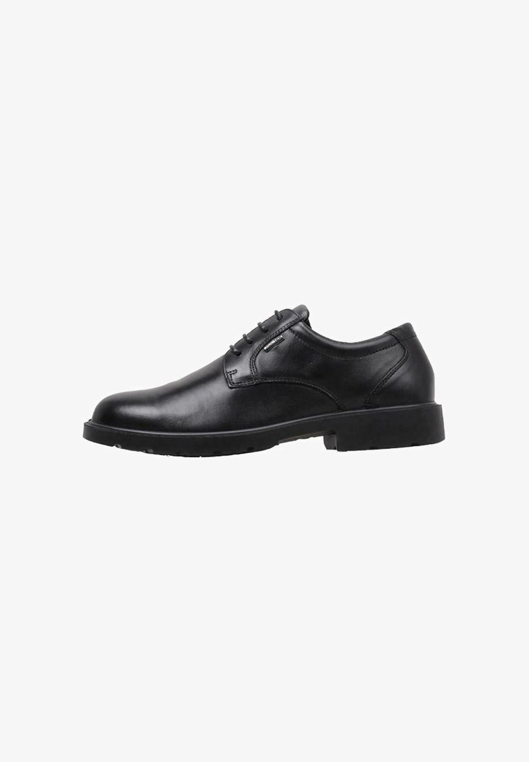 Chaussures noires en cuir à lacets avec une surface lisse, un bout arrondi et une semelle en caoutchouc basse dotée d'un léger profil pour une meilleure adhérence.