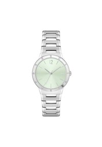 Reloj de metal plateado con una esfera redonda, dial en verde menta, grandes números y acentos de diamante. Presenta un diseño de pulsera con eslabones.