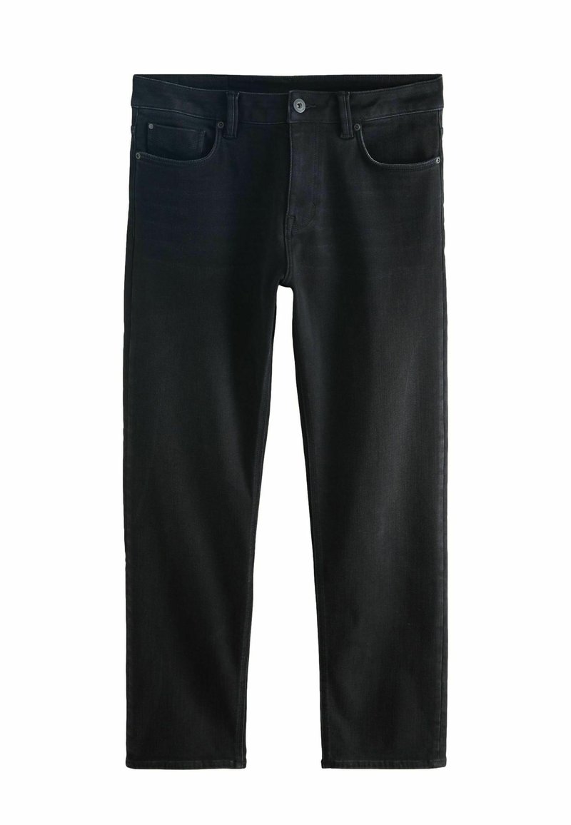 Melnas džinsa bikses ar klasisku piecu kabatu dizainu, ar pogu aizdari, taisnu kāju griezumu un gludu tekstūru. Nav redzamu rakstu vai nolietojuma.