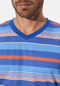 Blue and white striped short-sleeve t-shirt with a V-neck. Features thin orange and navy horizontal stripes on a soft cotton fabric.