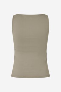 Sleeveless top in olive green, made of smooth fabric. Features a rounded neckline and straight hem, with a fitted silhouette.