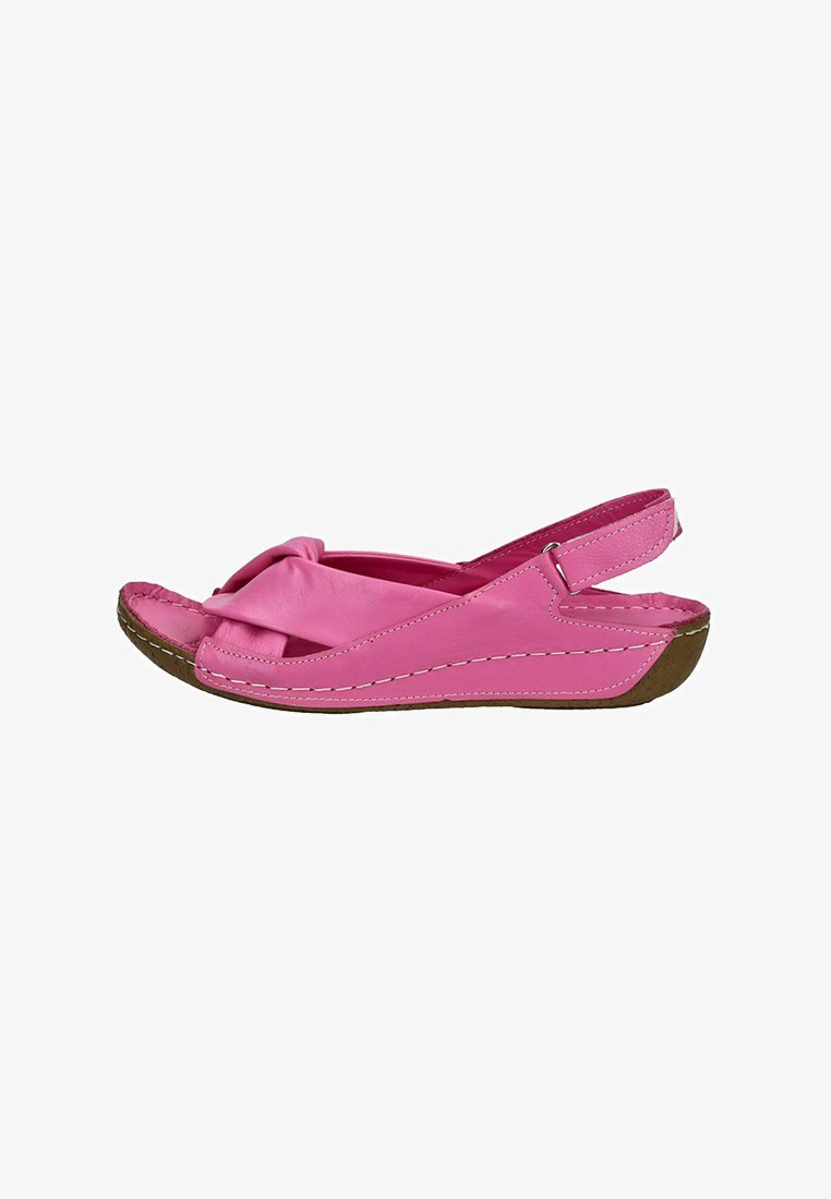 Roze leren slingback sandaal met een geknoopte voorkant, een gevoerd voetbed en een gestructureerde bruine buitenzool. Witte stiksels als accent.