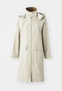 Light beige waterproof coat with a high collar, front zipper, two large front pockets, adjustable hood, and smooth texture.