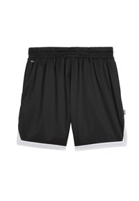 Shorts de sport noirs en tissu texturé, avec une bordure blanche sur les côtés et une taille élastique pour plus de confort.