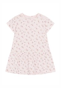 Kurzärmeliges Kleid aus zartem Baumwollstoff in Pink, mit einem gerafften Rock und einem Blumenmuster in Lila- und Gelbtönen.