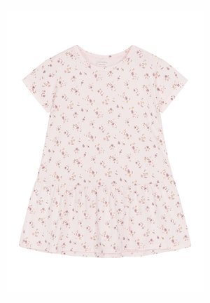 Robe à manches courtes en coton rose pâle avec une jupe froncée et un motif floral dans des teintes de violet et de jaune.