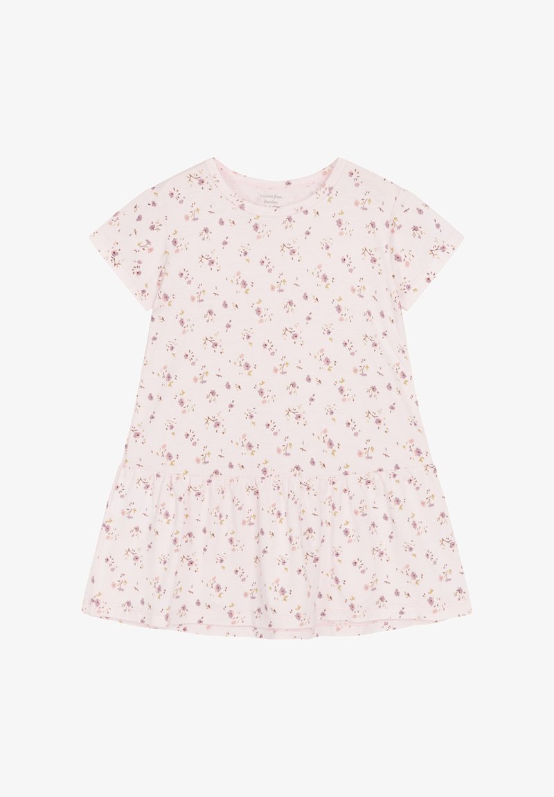 Kurzärmeliges Kleid aus zartem Baumwollstoff in Pink, mit einem gerafften Rock und einem Blumenmuster in Lila- und Gelbtönen.