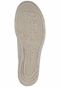 Světlá gumová podrážka s texturovaným vzorem pro zpevnění, obsahující mírně vystouplé logo a hladké hrany. Odolný gumový materiál.