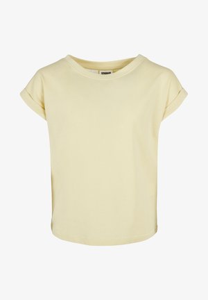 T-shirt jaune à manches courtes avec un col rond, coupe décontractée, en coton doux, et avec des manches roulées. Pas de motifs ni de détails supplémentaires.