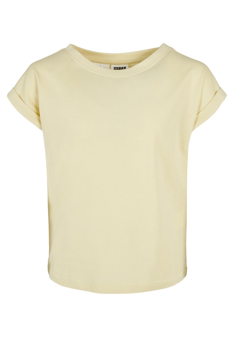 T-shirt giallo a maniche corte con scollatura rotonda, vestibilità rilassata, morbido tessuto di cotone e maniche arrotolate. Nessun motivo o dettagli aggiuntivi.