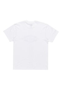 Camiseta de algodón blanca con mangas cortas, diseño de cuello redondo,背部 lisa y un sutil detalle de logo en el centro del frente.