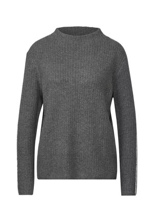 Grau gerippter Pullover mit hohem Kragen, langen Ärmeln und geradem Schnitt. Verfügt über eine weiche Textur und ein minimalistisches Design.